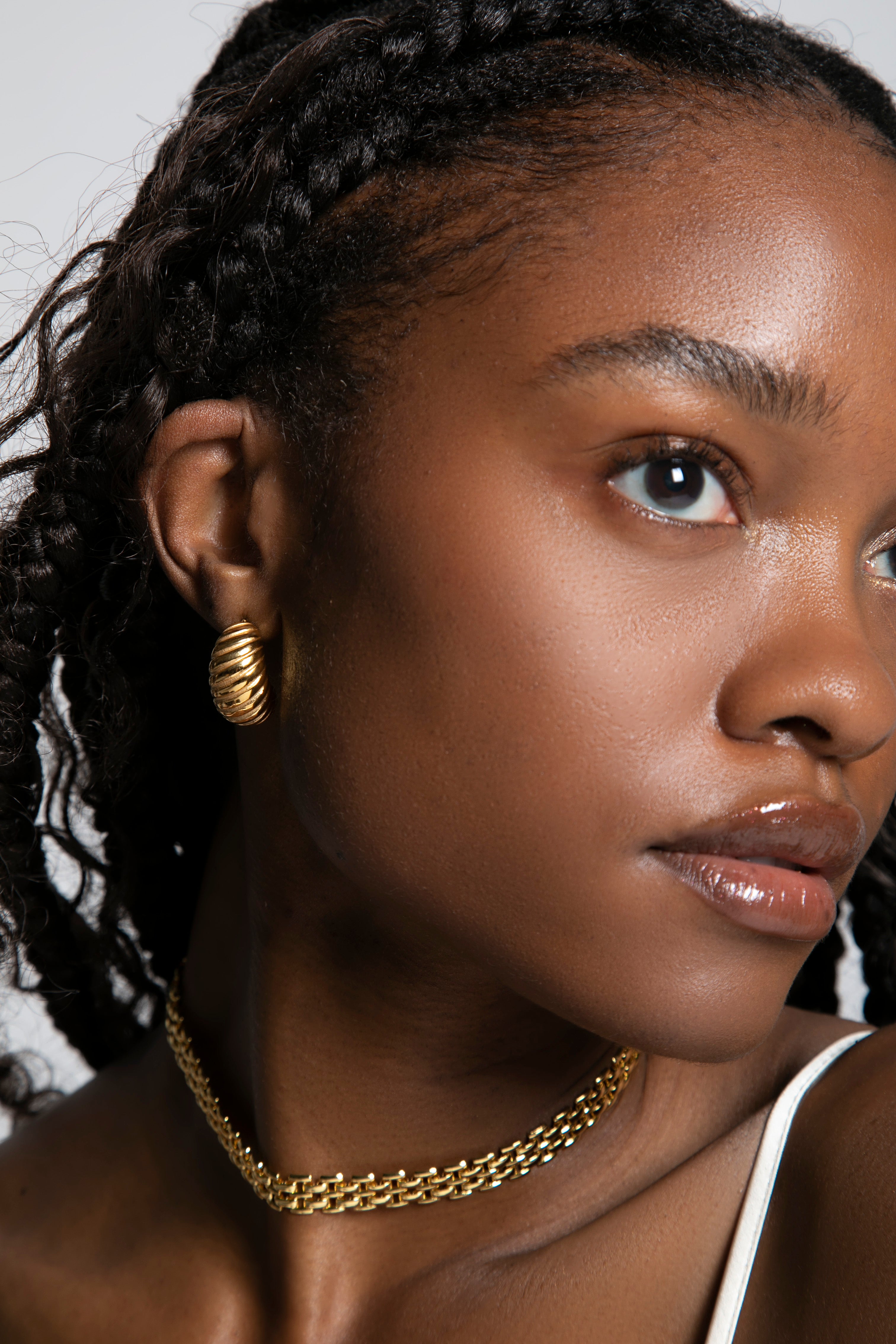 Add an effortless Parisian charm to your look with the Chunky Croissant Gold Hoops. These statement earrings are crafted from 18k gold plated metal, making them strong and durable without compromising on style. Let your inner fashionista shine!  Details:  18K Gold Plated on Stainless Steel  Made in Stainless Steel  Length 2.5cm - Width 2.5cm  Diameter Width 20mm  Weight about 17g/pair  Hypoallergenic