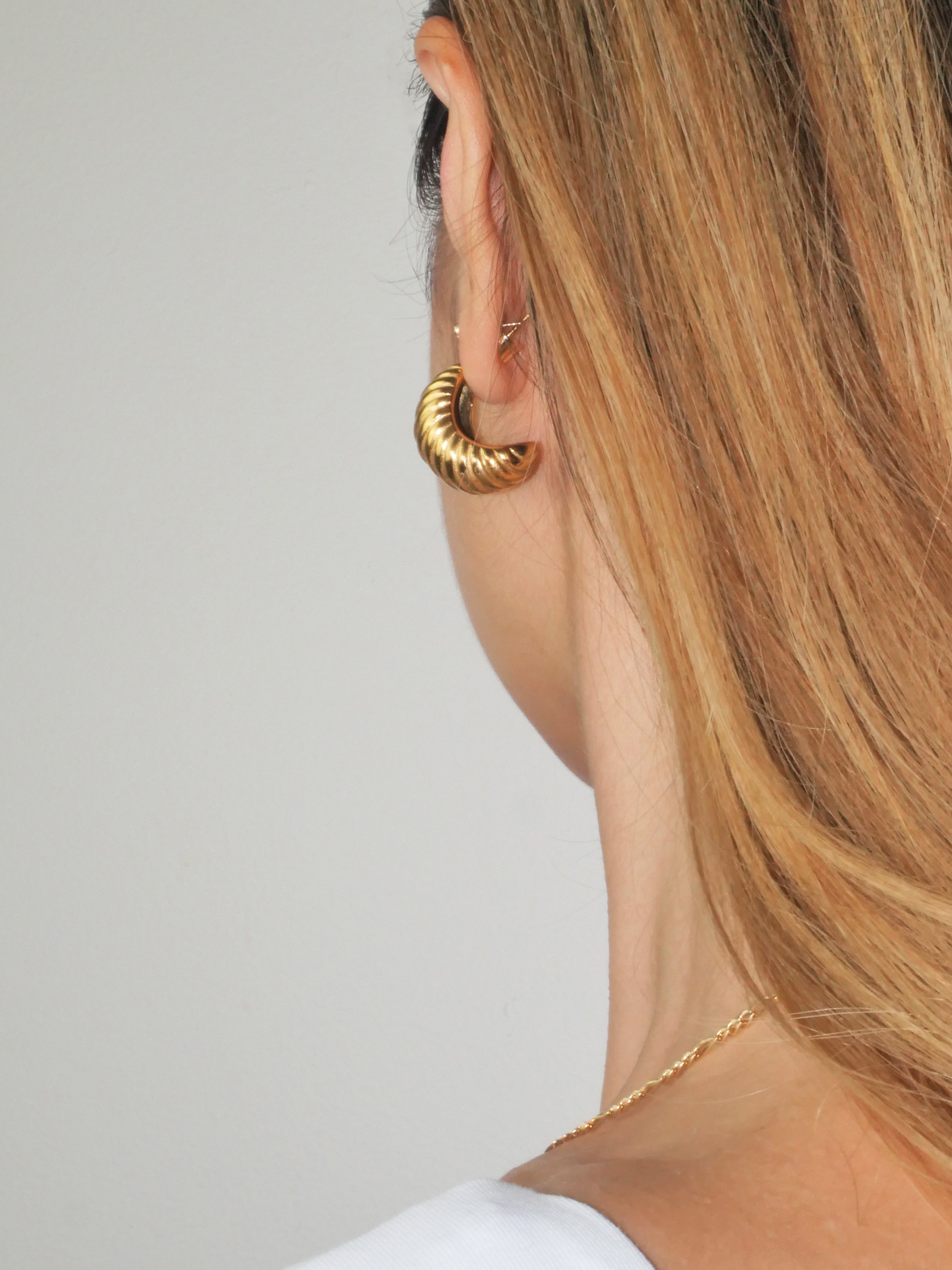 Your new favorite Parisian pair of hoops designed with a push-back closure. These earrings will be perfect for any occasion. Large enough to make a statement when you run errands across the city, grab a coffee with your bestie, or go on a date with your love. You're certain to pull this pair out again and again.   Details:  18K Gold Plated on Stainless Steel  Made in Stainless Steel  Length 2.5cm - Width 2.5cm  Diameter Width 20mm  Weight about 17g/pair  Hypoallergenic