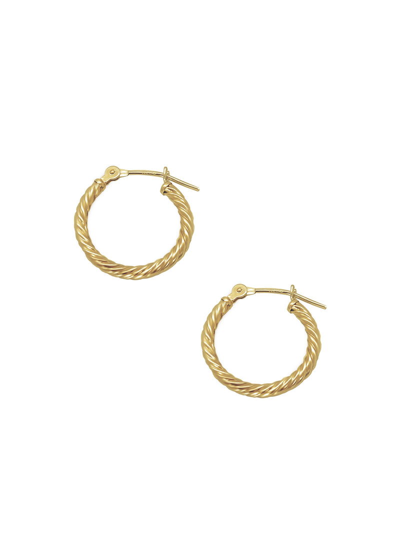 With a new take on classic hoops, this piece is meant to be worn every single day. A minimalist style inspired by a twisted finish. This piece is effortlessly chic and essential to your collection. These earrings come in smaller size.  Details:  Made in 14K Solid Yellow Gold   Dimensions: L 1.1cm - W 1.1cm  Color: 14K Solid Yellow Gold / 14K Solid White Gold  Hypoallergenic   Fine Jewelry. miramira New York 